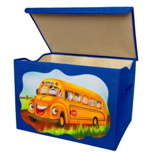 jollygood large toy storage box | cute school bus design toy box for toddlers | foldable toy chest, toy organizer, basket with lid | premium fabric, safe, lightweight storage bin | (beige, blue)