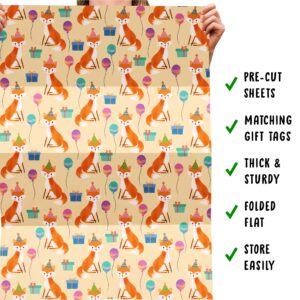 CENTRAL 23 Kids Wrapping Paper - 6 Sheets of Gift Wrap - Birthday Fox - For Baby Boys or Girls - Woodland - Comes with Stickers - Recyclable