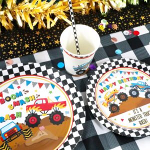 Monster Truck Party Supplies Decorations, Kids Birthday Paper Plates and Napkins Set with Cups and Straws for 24 Guests, 120 Pcs Disposable Party Dessert Dinnerwares