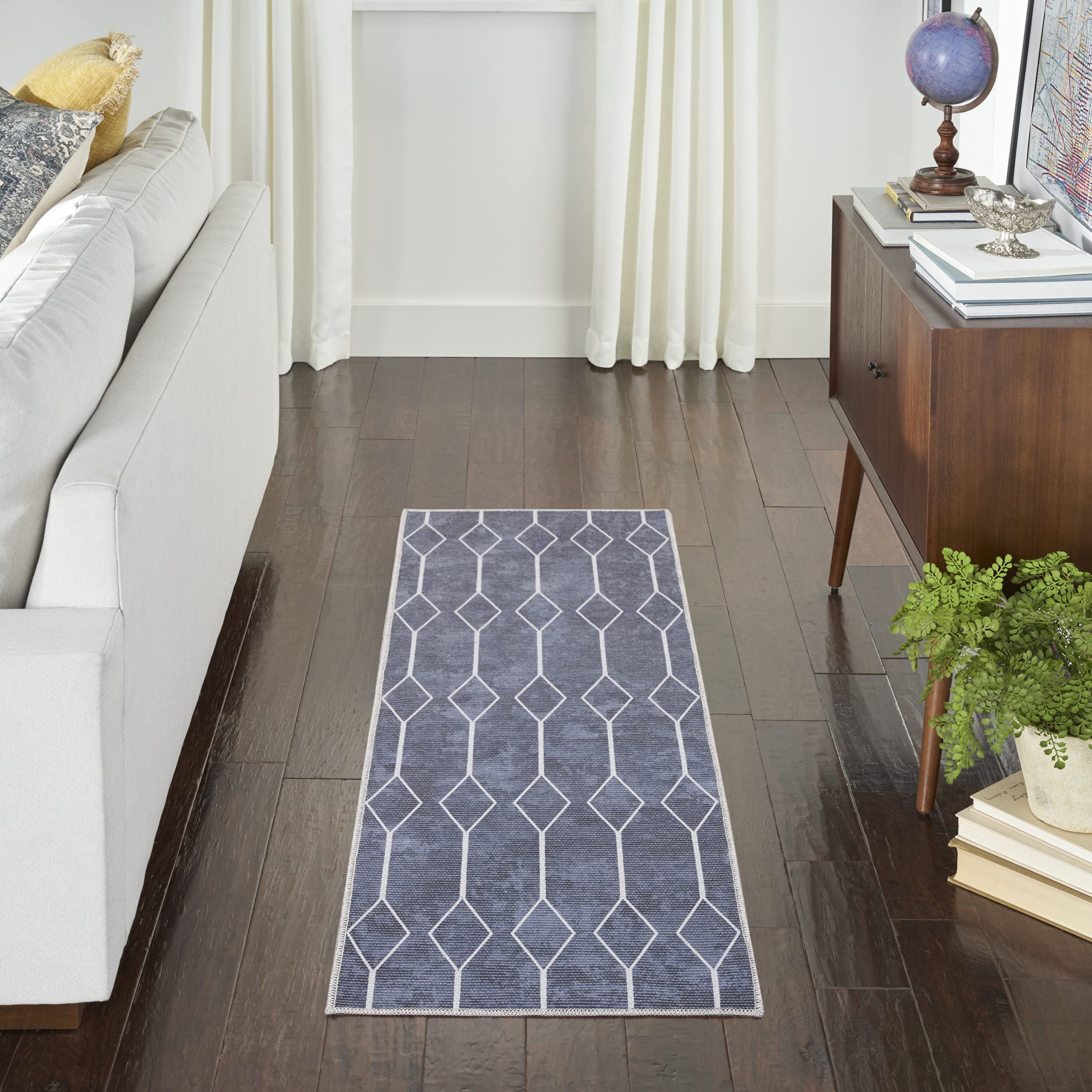 Nicole Curtis Machine Washable Series 1 Geometric Navy 2' x 6' Area -Rug, Easy -Cleaning, Non Shedding, Bed Room, Living Room, Dining Room, Kitchen (2x6)