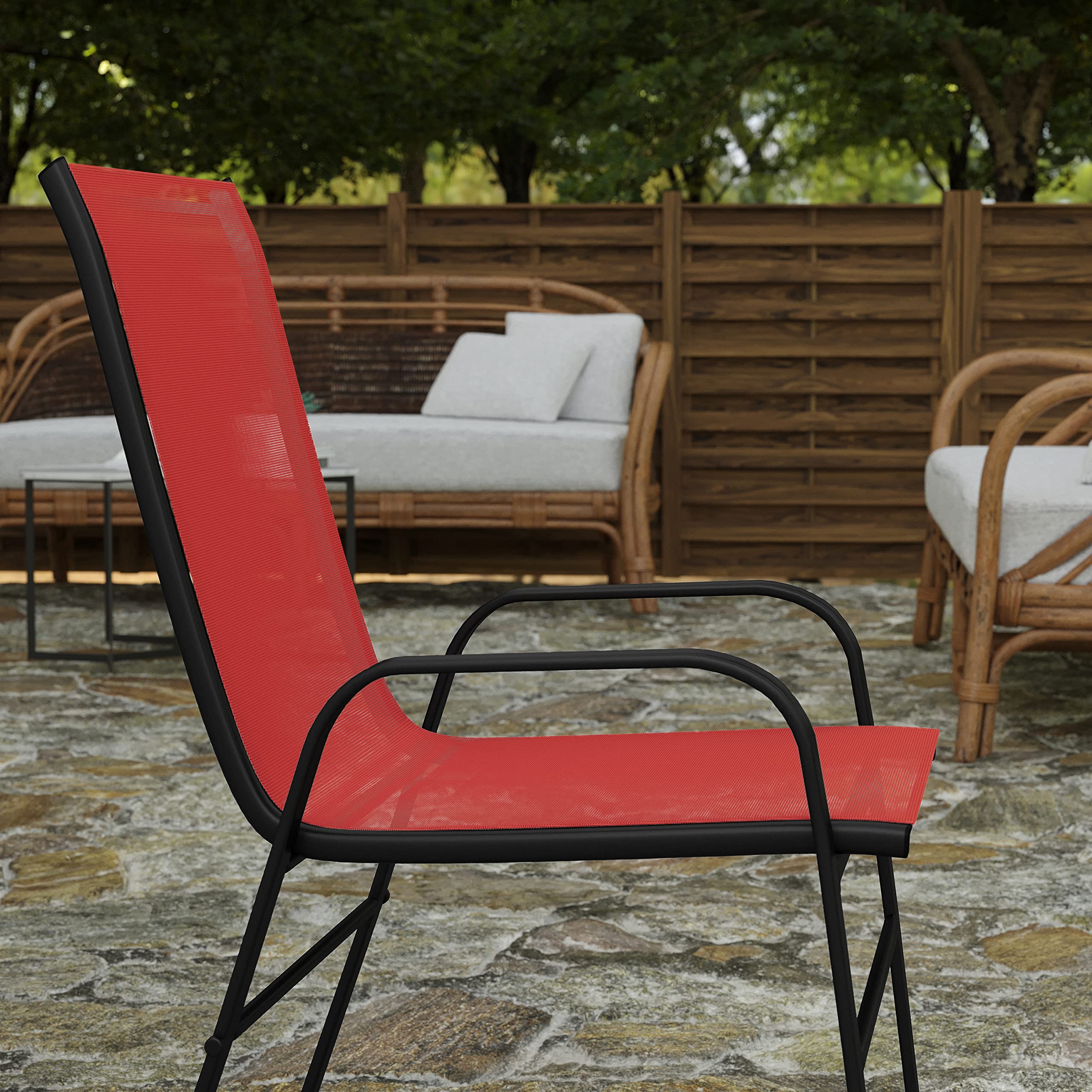 Merrick Lane Set of 4 Manado Series Patio Chairs - Red Flex Comfort Material - Powder Coated Metal Frame - Stack up to 4 High - Ships Fully Assembled