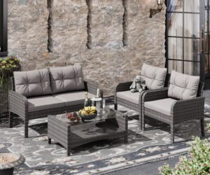 lhbcraft 4-piece patio furniture set outdoor rattan wicker sofa set with cushions & coffee table, conversation sofa set with tempered glass table top and storage shelf (grey-grey) (ot008)