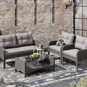 LHBcraft 4-Piece Patio Furniture Set Outdoor Rattan Wicker Sofa Set with Cushions & Coffee Table, Conversation Sofa Set with Tempered Glass Table Top and Storage Shelf (Grey-Grey) (OT008)