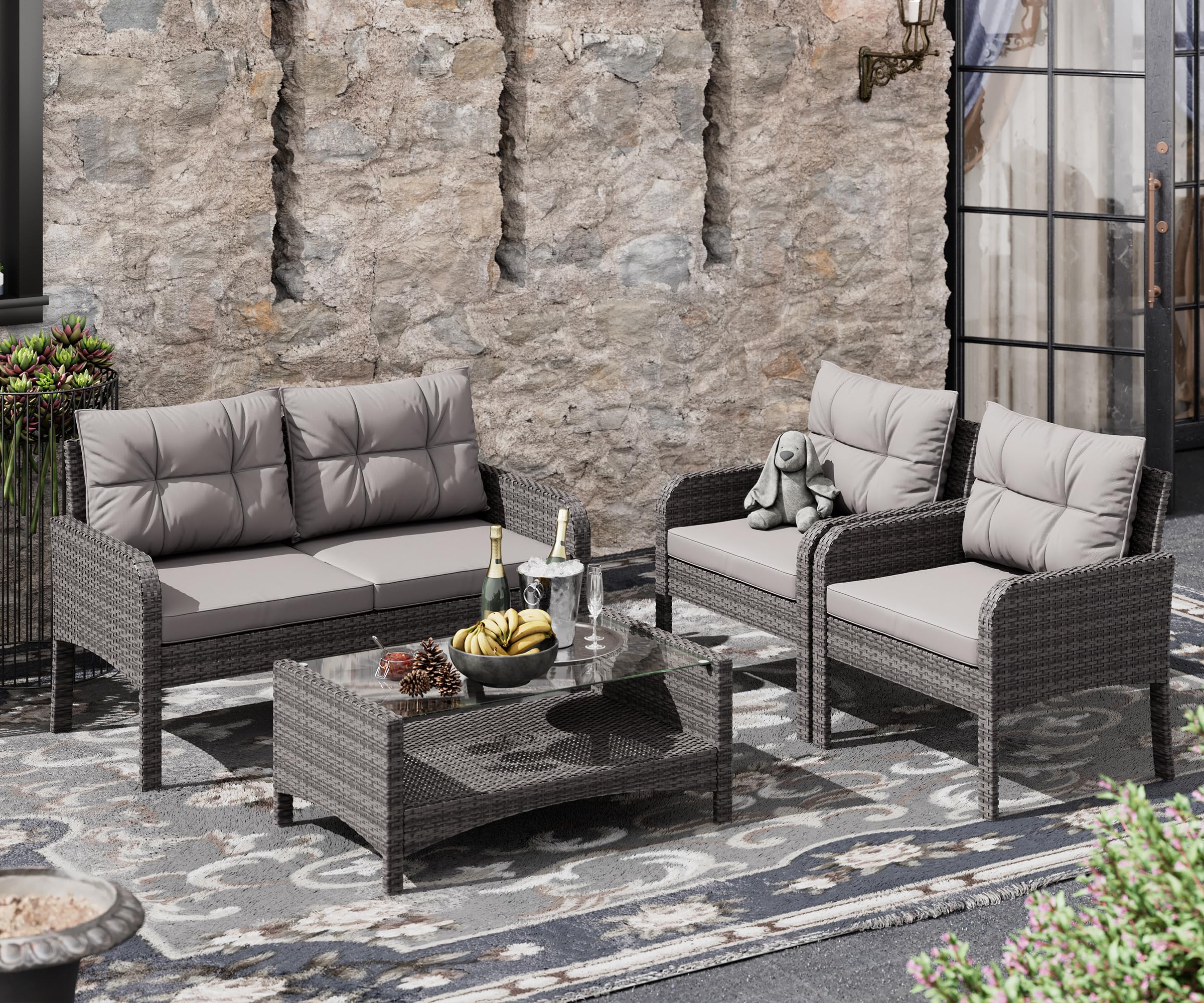 LHBcraft 4-Piece Patio Furniture Set Outdoor Rattan Wicker Sofa Set with Cushions & Coffee Table, Conversation Sofa Set with Tempered Glass Table Top and Storage Shelf (Grey-Grey) (OT008)