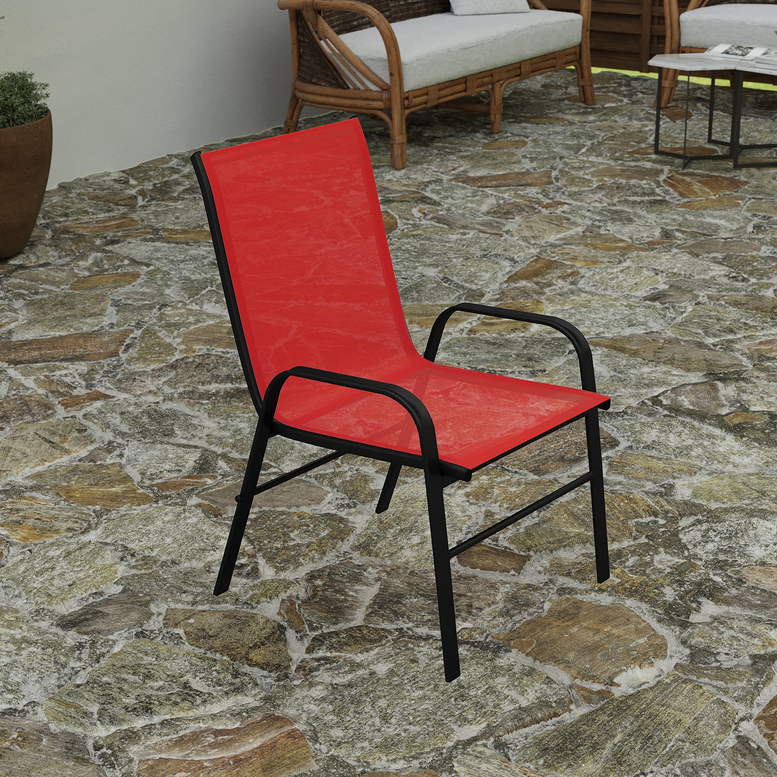 Merrick Lane Set of 4 Manado Series Patio Chairs - Red Flex Comfort Material - Powder Coated Metal Frame - Stack up to 4 High - Ships Fully Assembled