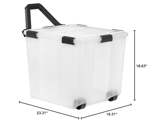 IRIS USA 106 Quart WEATHERPRO Wheeled Plastic Storage Bin Tote Organizing Container with Durable Lid and Seal and Secure Latching Buckles, Clear/Black, 3 Pack