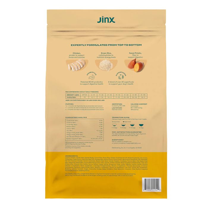 Jinx Premium Grain-Free Dry Dog Food, Real Chicken, Sweet Potato, Carrot Kibble with Superfoods & Probiotics, No Fillers, for All Lifestages, 4lb