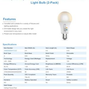 Feit Electric A19 LED Light Bulb, 60W Equivalent, Dimmable, Color Selectable 6-Way, E26 Medium Base, 90 CRI, 800 Lumens, 22-Year Lifetime, OM60DM/6WYCA/2, 2-Pack