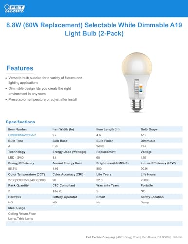 Feit Electric A19 LED Light Bulb, 60W Equivalent, Dimmable, Color Selectable 6-Way, E26 Medium Base, 90 CRI, 800 Lumens, 22-Year Lifetime, OM60DM/6WYCA/2, 2-Pack