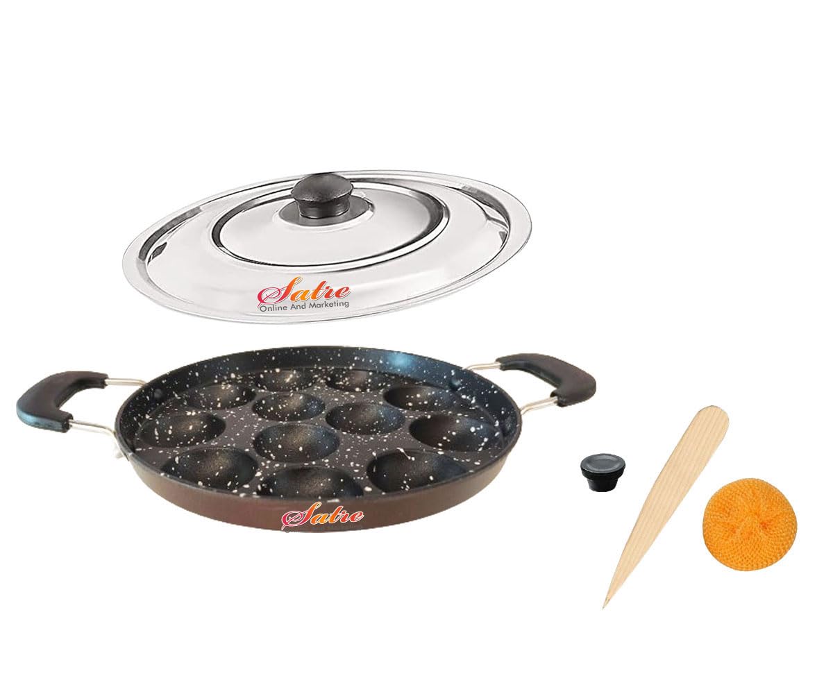 Non Stick Aluminium Appam Pan 12 Pits with Steel Lid, Two Side Handel Appam Maker with Steel Lid, Paniyaram Pan, Black and Silver