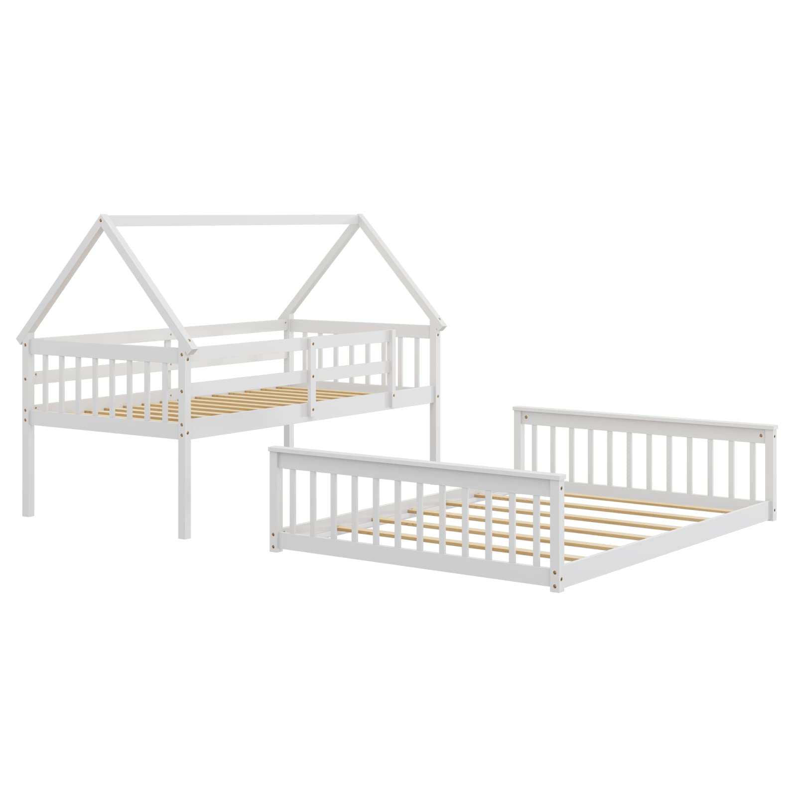 Giantex Wood Twin Over Full Bunk Bed, Solid Wood House Bed Frame Built in Ladder & Safety Guardrails, Convertible to 2 Beds, Floor Bunk Bed for Kids Teens Juniors, No Box Spring Needed, White