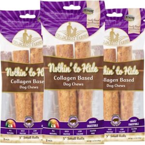 fieldcrest farms nothing to hide natural rawhide alternative 5'' rolls for dogs - 3 pack (6 chews) premium grade easily digestible chews - great for dental health (bacon)