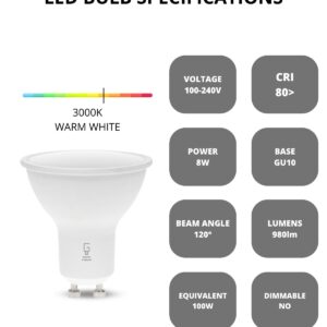 NUOVA GERMANY GU10 LED Light Bulbs, 100W Halogen Equivalent, 980 Lumens Bulb Replacement for Recessed Track Lighting, 8W Low consumption 120° Beam angle 110V AC Non Dimmable,10 Pack (3000K Warm Light)