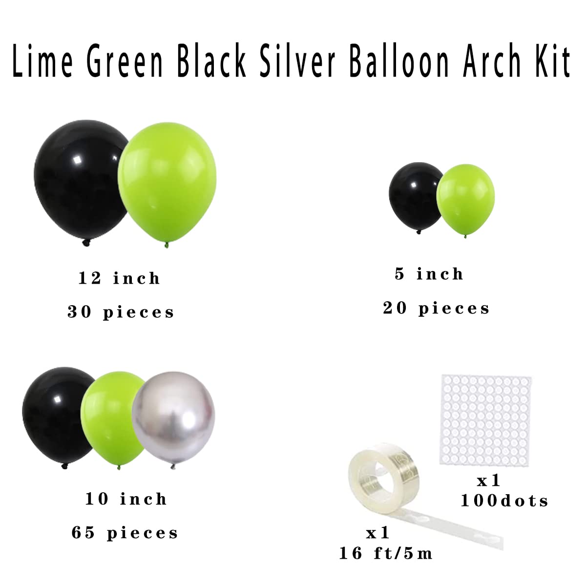 Lime Green, Metallic Silver, Black Balloons Set - 117PCS Fruit Lime Green Balloons Garland Video Game Party for Boy Men Video Gaming Tropical Safari Birthday Graduation Halloween Party Decorations