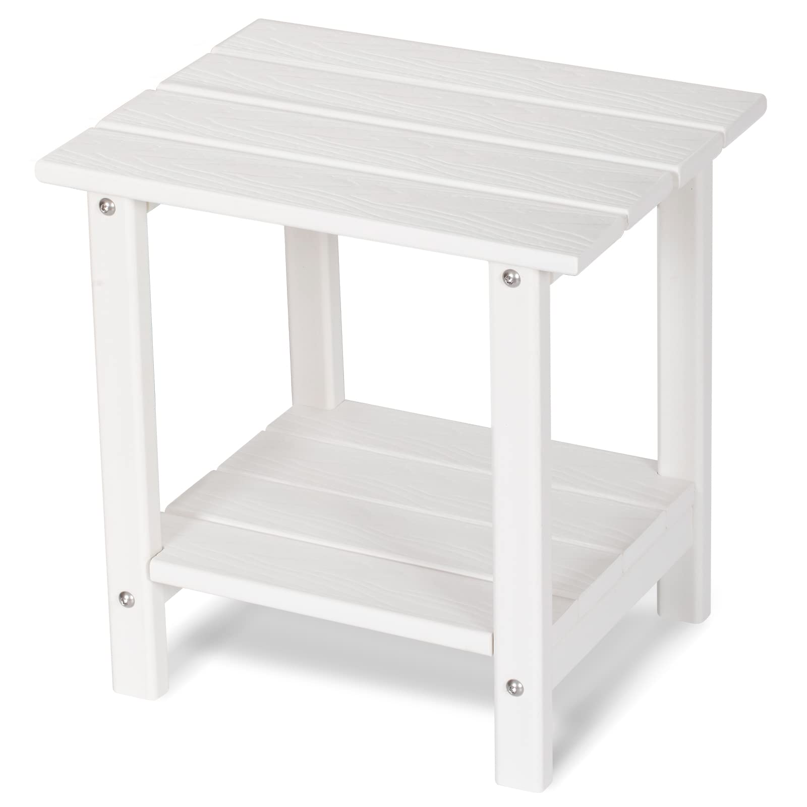 LOENIY 2 -Tier Outdoor Side Table HDPE Adirondack Table Patio Side Table with Wood-Like Grain Weather Resistant End Table Small Outdoor Table (White, Rectangle)