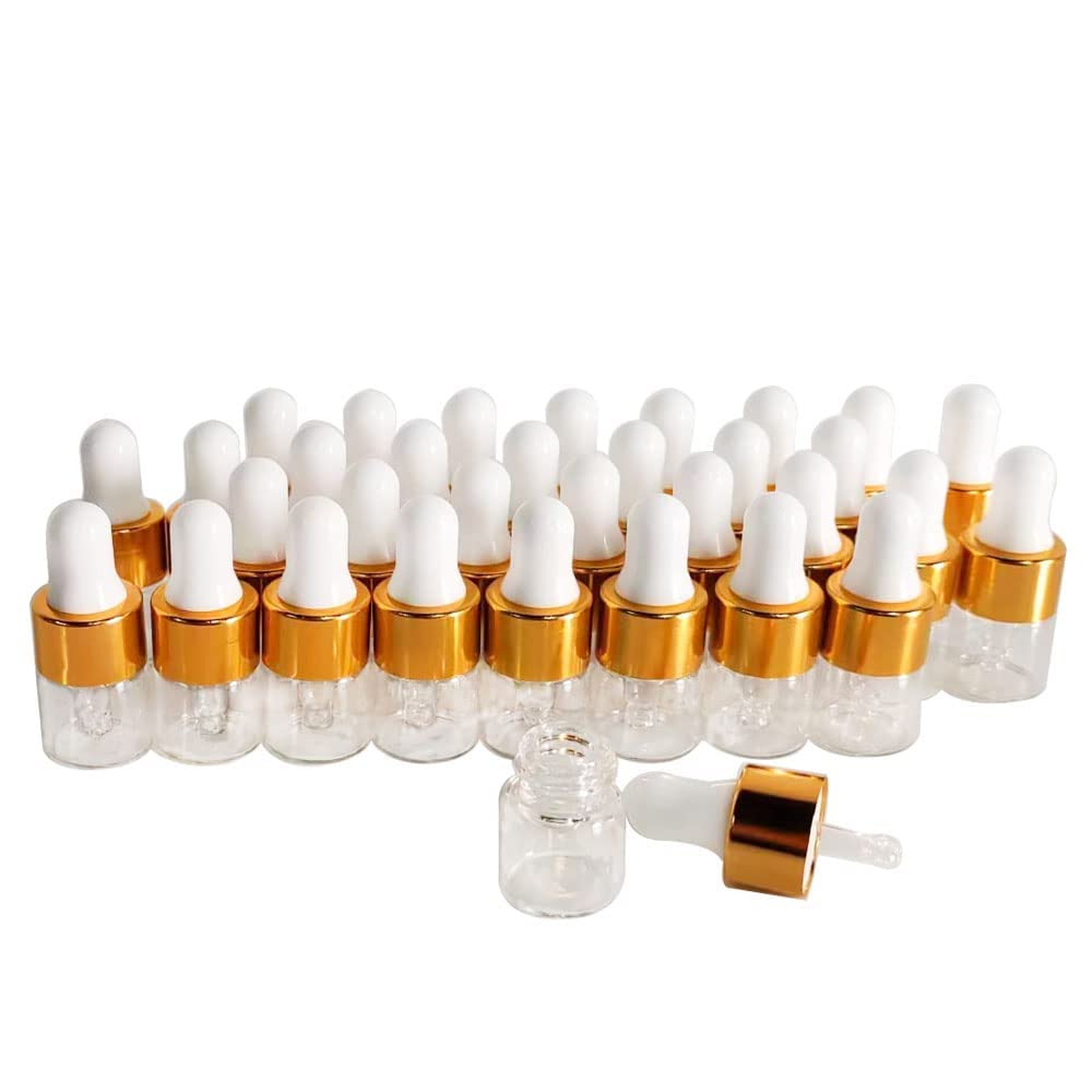 BEGIKET 50PCS Transparent Sample Dropper Bottles, 1 ml Mini Essential Oil Dropper Bottle with 2 Plastic Droppers, Used for Travel Essential Oil, Perfume and Cosmetic Liquid