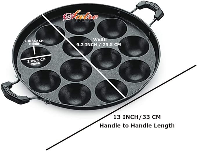 Non Stick Aluminium Appam Pan 12 Pits with Steel Lid, Two Side Handel Appam Maker with Steel Lid, Paniyaram Pan, Black and Silver