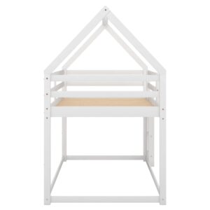 Twin Over Twin House Bunk Bed, Wood Montessori Floor Bunk Bed Frame with Ladder, Low Bunk Beds with Roof for Kids, Teens, Girls, Boys, White