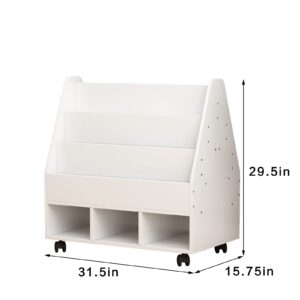 MIN WIN Double Sided Mobile Bookcase Display Stand,4-Shelf Wood Open Book Shelf with 3 Cube Units, Sling Storage Bookshelf Wide Magazine Shelf for Offices, Library,Schools,White