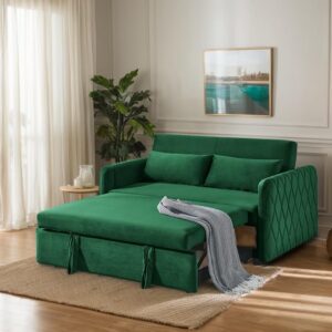 Mofolit Convertible Loveseat Modern Sleeper Sofa Bed, 3-in-1 Adjustable Sleeper Sofa Couch w/Pull-Out Bed, Pillows & Side Pocket & Velvet for Living Room,Apartment,Small Space 55.5“ (Green)