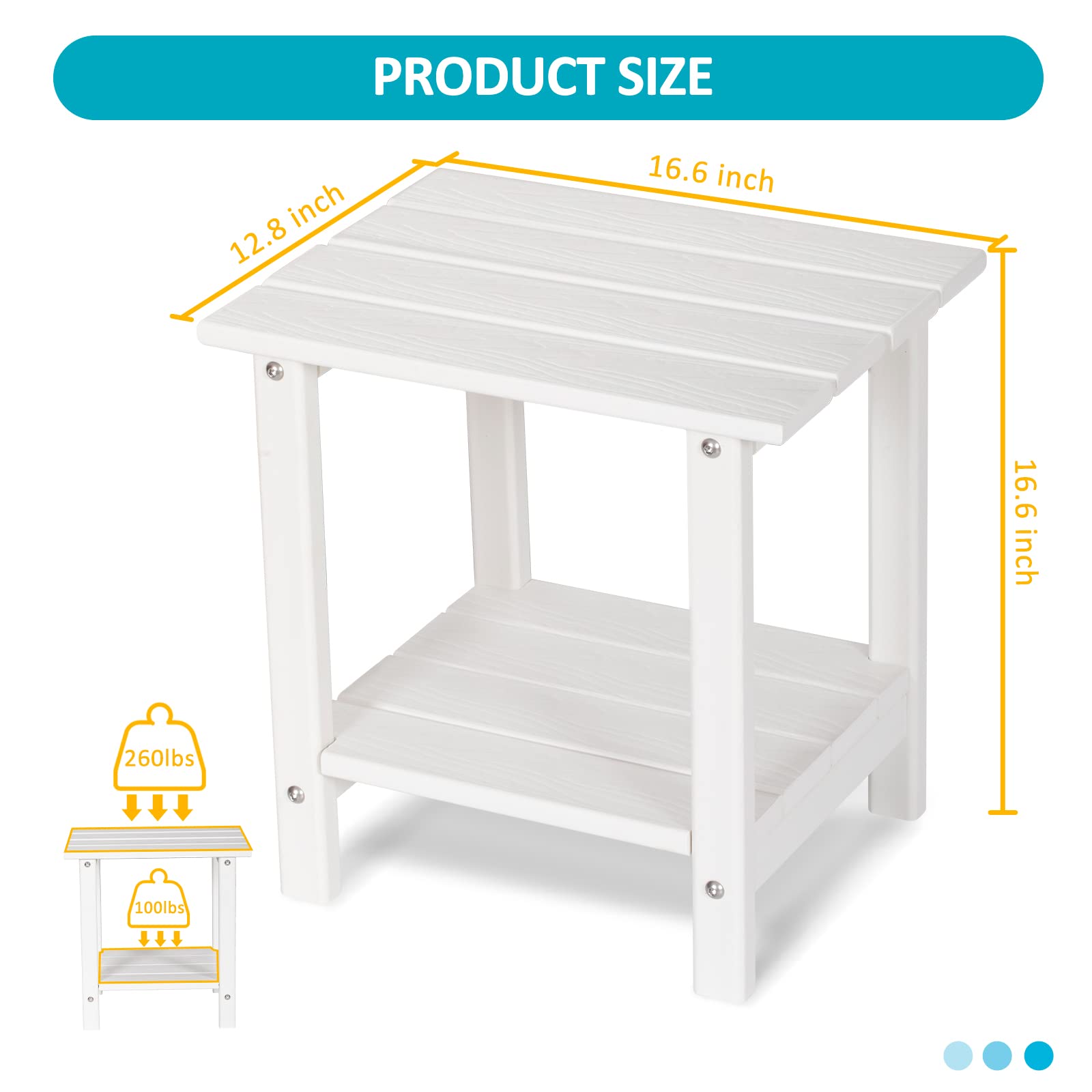 LOENIY 2 -Tier Outdoor Side Table HDPE Adirondack Table Patio Side Table with Wood-Like Grain Weather Resistant End Table Small Outdoor Table (White, Rectangle)