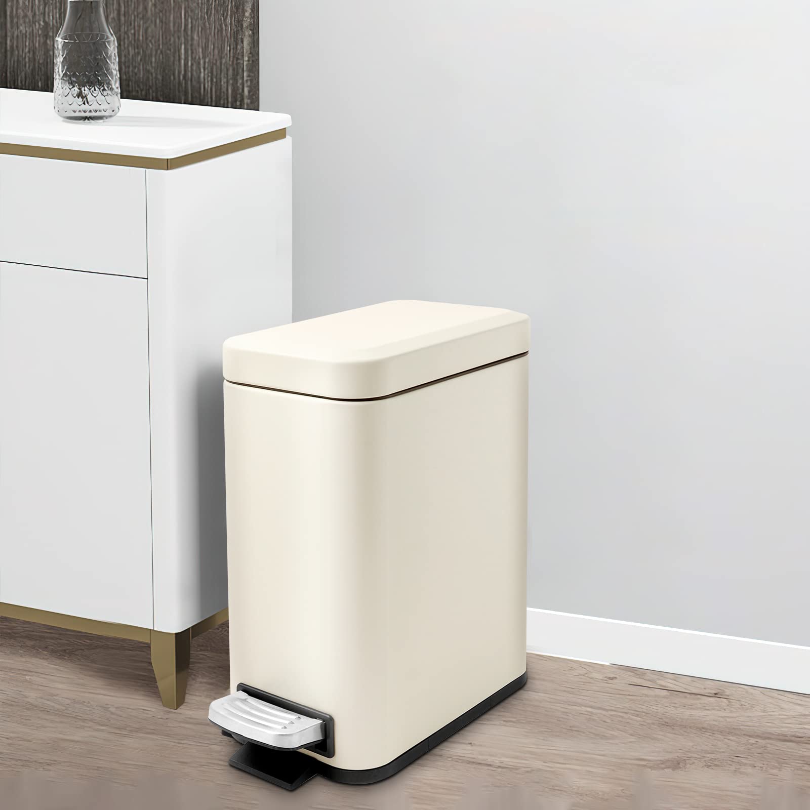 M-Aimee 1.3 Gallon Slim Small Trash Can with Lid Soft Close, Stainless Steel Garbage Can for Bathroom Bedroom Office, Rectangular Step Trash Bin with Removable Inner Waste Basket (Beige)