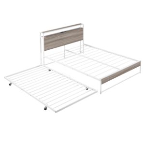 Harper & Bright Designs Full Platform Bed with Trundle and USB Ports, Metal Full Bed Frame with Storage Headboard and Steel Slat Support, for Bedroom and Guest Room (Full Size, White)