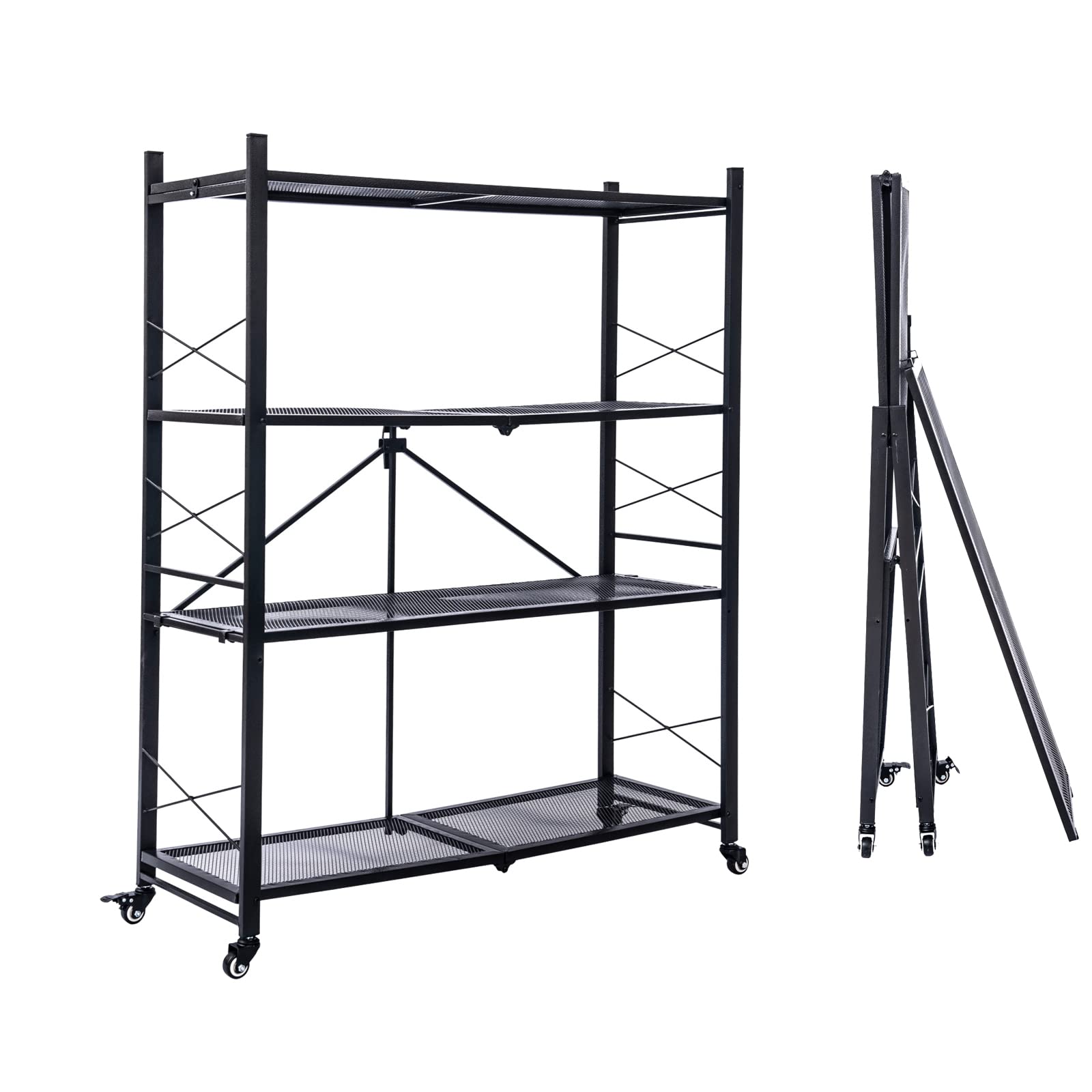 Grezone Foldable Shelves 4 Tier Storage Shelving Unit with Wheels No Assembly Heavy Duty Metal Shelf Rack for Garage Kitchen Hold up to 1000 lbs