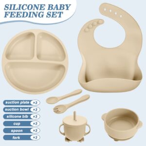 18 Pcs Silicone Baby Feeding Set Infant Dinnerware Adjustable Silicone Toddler Bibs Baby Plates and Bowls Set Suction Bowls Divided Plates Spoons Fork Cups Utensils (Gray Blue, Navy Green, Beige)