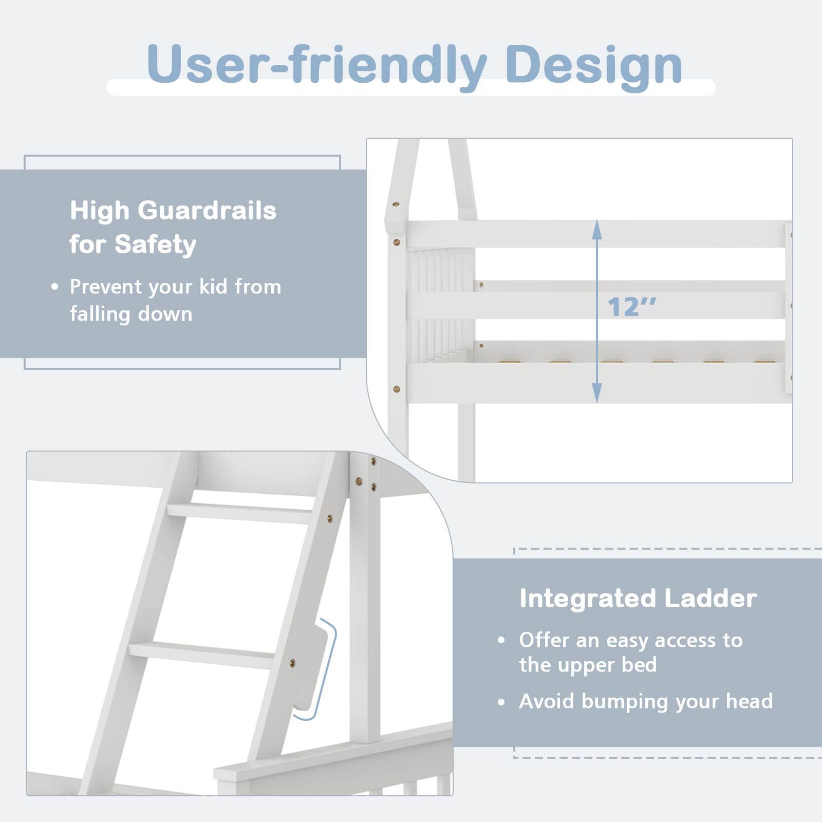 Giantex Wood Twin Over Full Bunk Bed, Solid Wood House Bed Frame Built in Ladder & Safety Guardrails, Convertible to 2 Beds, Floor Bunk Bed for Kids Teens Juniors, No Box Spring Needed, White