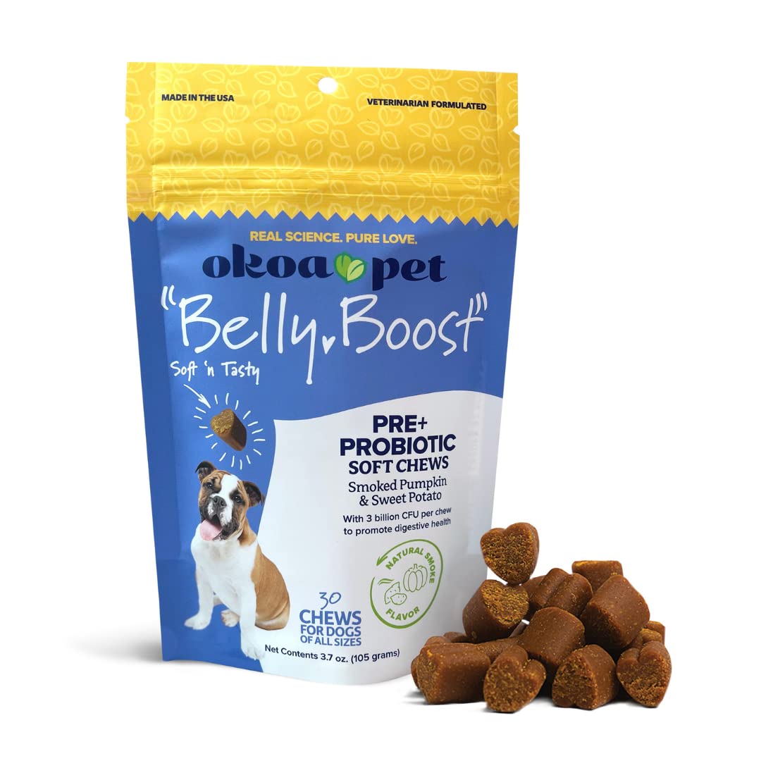 Okoa Pet Belly Boost Probiotic Soft Chews for Dogs - Vet Formulated for Gut Health, Digestion, Allergy Relief, & Immune System Support - Smoked Pumpkin & Sweet Potato Flavor - for All Breeds & Sizes