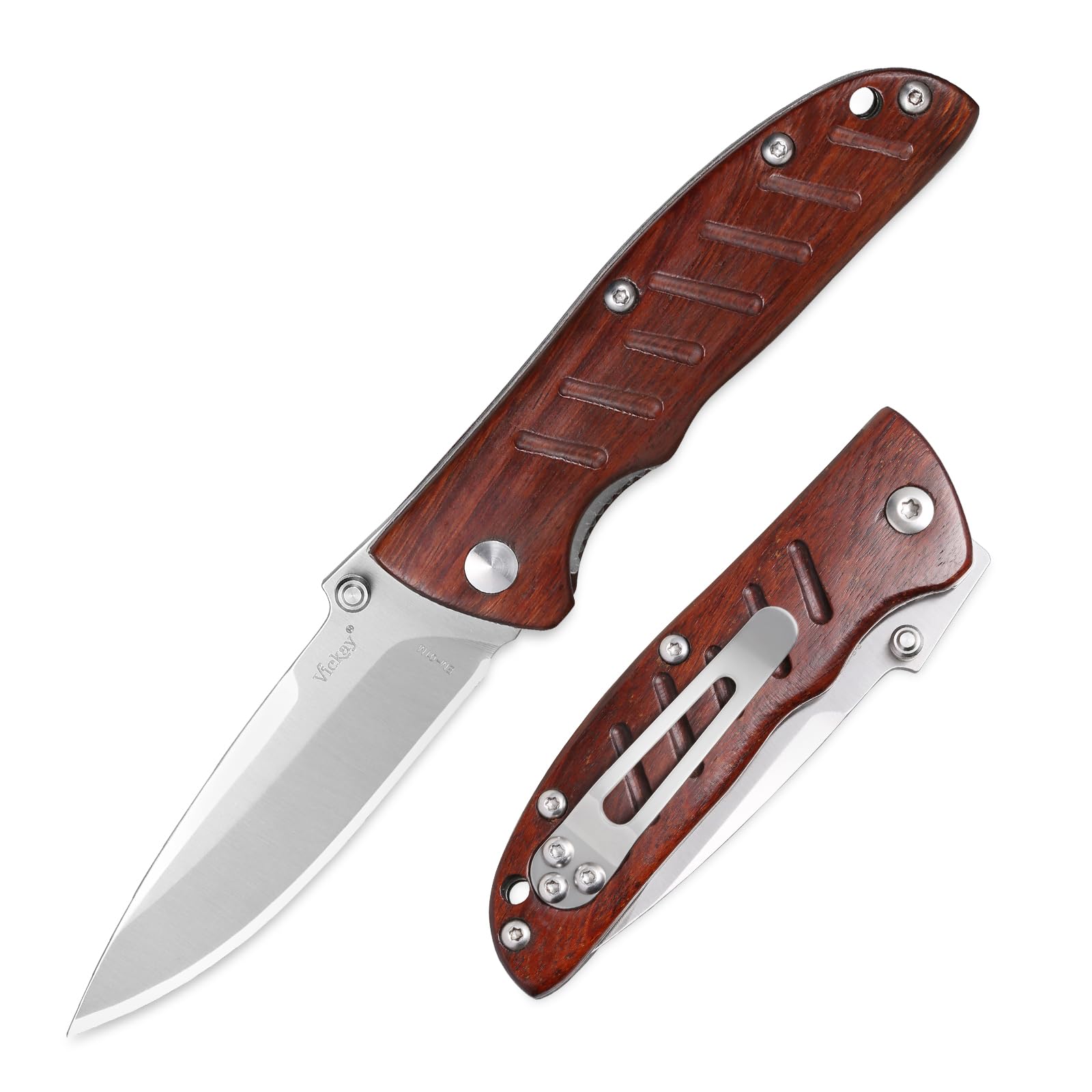 Vickay Pocket Knife for Men, Folding Knives 8Cr13MoV 2.95" Steel Blade, Wood Handle, Line Lock Knife with Clip, EDC Knife Ideal for Outdoor Camping, Fishing, Hunting, Tactical Gift (Brown)