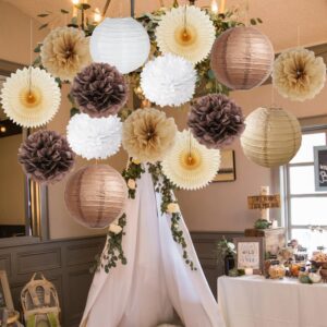 Cream Tan Brown Party Decorations Rustic Paper Fans Lanterns Pom Poms Boho Brown and Beige Neutral Party Decorations for Brown Birthday Decorations Baby Shower Bridal Shower Engagement Wedding