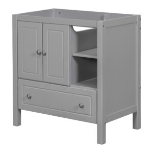 merax bathroom vanity cabinet base only, storage organizer with drawer, solid wood frame with painted finish, center undermount/drop-in sink available (not included), 30", grey