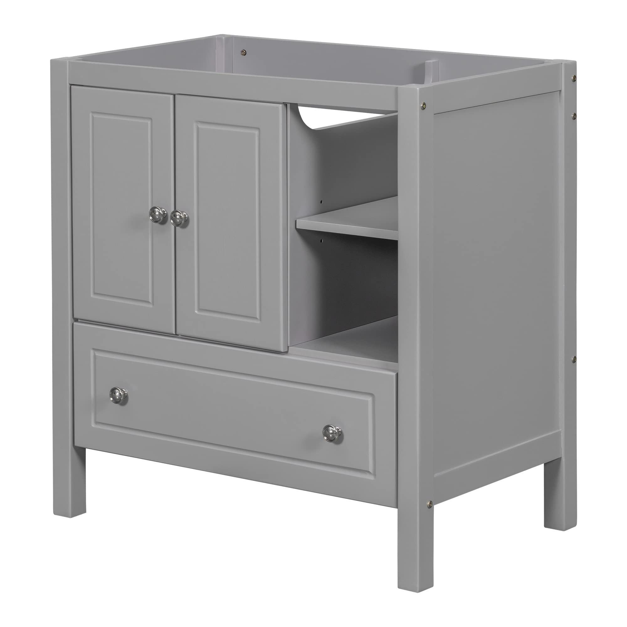 Merax Bathroom Vanity Cabinet Base Only, Storage Organizer with Drawer, Solid Wood Frame with Painted Finish, Center Undermount/Drop-in Sink Available (Not Included), 30", Grey