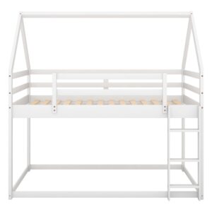 Twin Over Twin House Bunk Bed, Wood Montessori Floor Bunk Bed Frame with Ladder, Low Bunk Beds with Roof for Kids, Teens, Girls, Boys, White