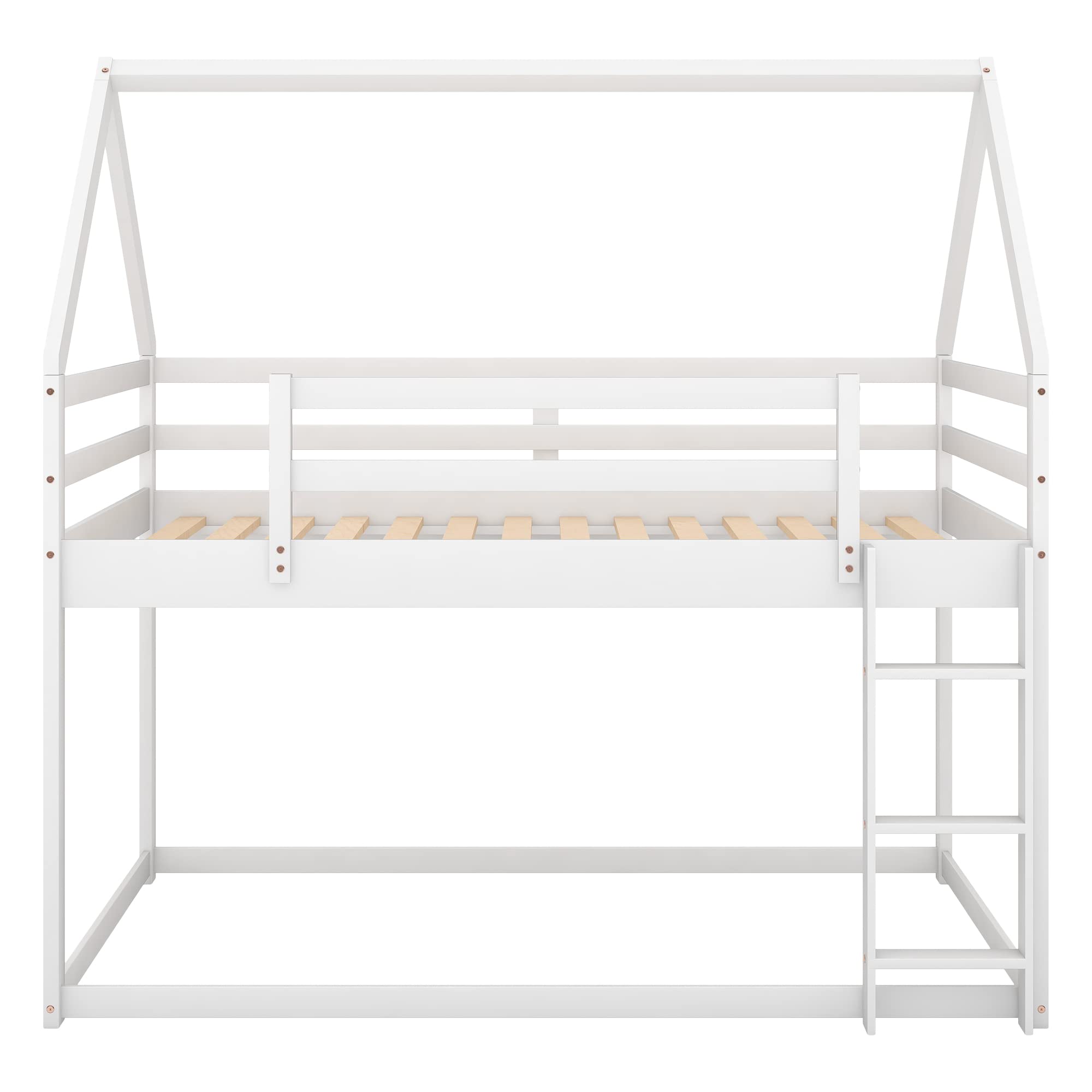 Twin Over Twin House Bunk Bed, Wood Montessori Floor Bunk Bed Frame with Ladder, Low Bunk Beds with Roof for Kids, Teens, Girls, Boys, White