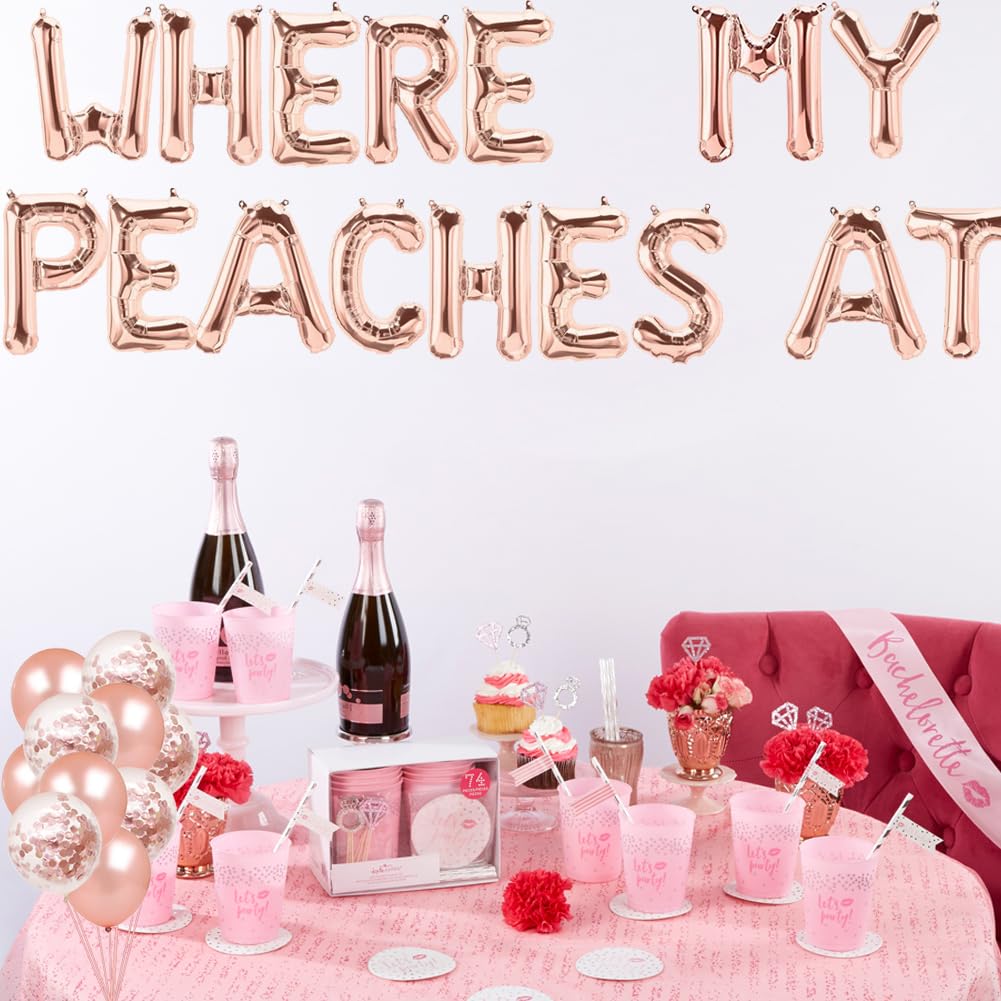 Bachelorette Party Decorations Rose Gold Where My Peaches at Balloons for Bridal Shower with Diamond Ring Champagne Funny Peach Themed Bachelorette Party Supplies Decorations