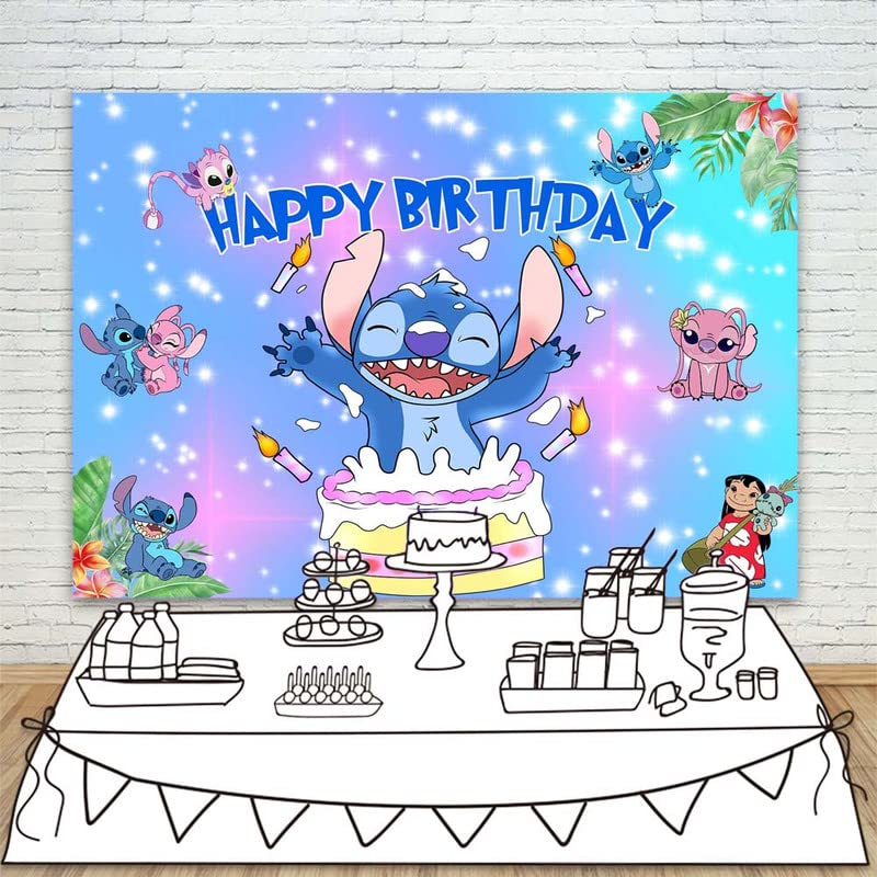 Stitch 1st Birthday Decorations Banner for Boy 5x3ft Happy Birthday Lilo and Sticth BackdropVinyl Pink Angel and Stitch First Birthday Background for Party Supplies