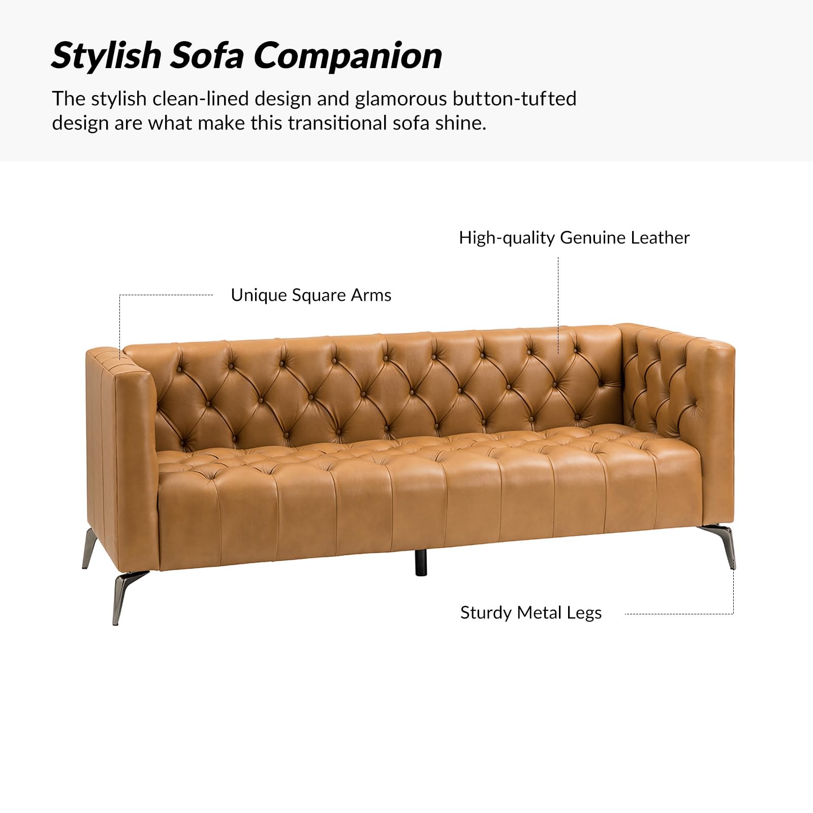 HULALA HOME 85" W Genuine Leather Sofa Couch with Metal Legs, Button-Tufted 3-Seater Sofa with Square Arms, Mid Century Modern Upholstered Couch for Living Room, Bedroom, Apartment, Camel