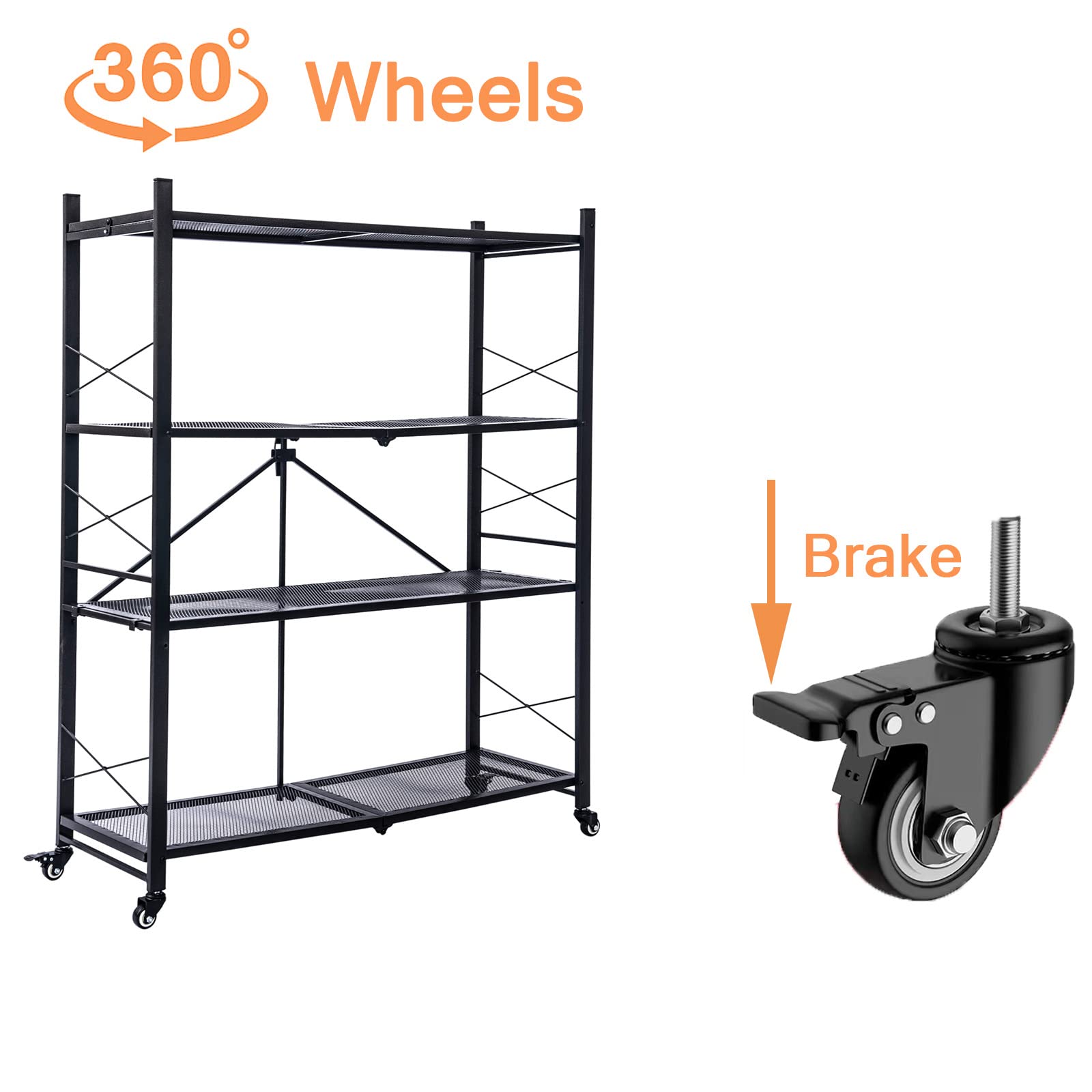 Grezone Foldable Shelves 4 Tier Storage Shelving Unit with Wheels No Assembly Heavy Duty Metal Shelf Rack for Garage Kitchen Hold up to 1000 lbs