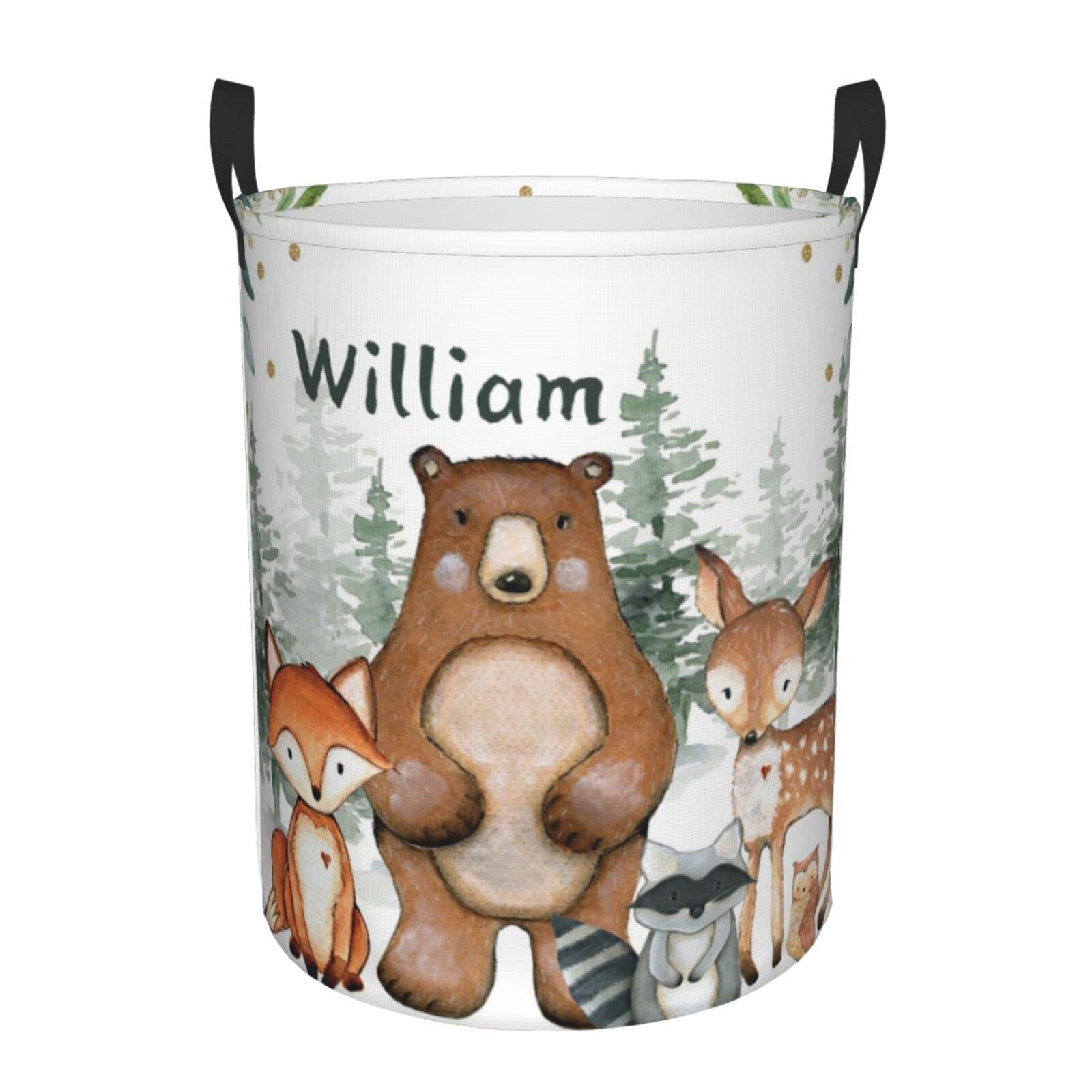 Woodland Animals Personalized Laundry Basket Name Clothes Hamper with Handles Waterproof Laundry Storage Baskets for Bedroom Bathroom Decor.