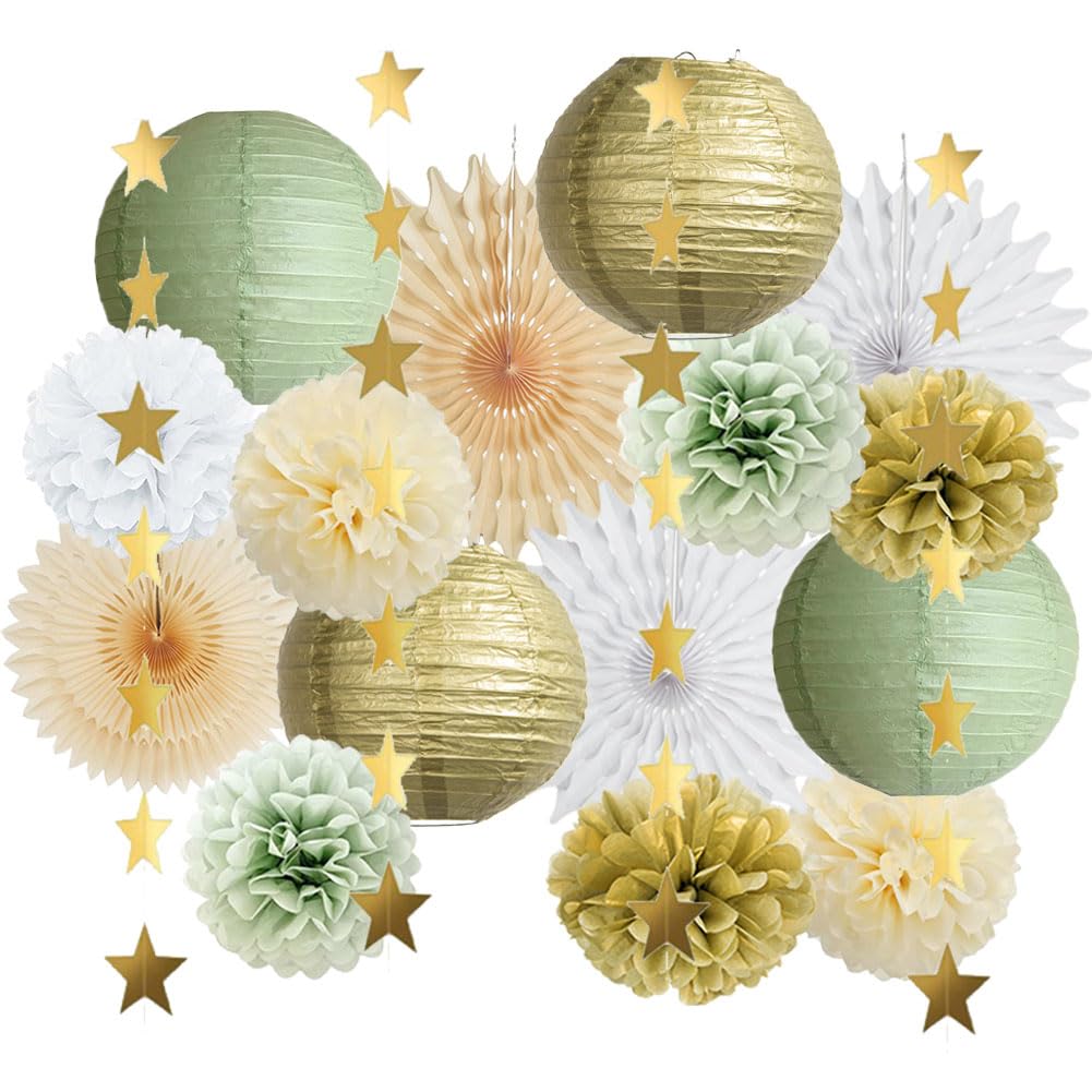 Sage Green Party Decorations Baby Shower Sage Green and Gold Party Decorations White Fans Tissue Paper Pom Poms Sage Birthday Wedding Engagement Bridal Shower Bachelorette Party Decorations