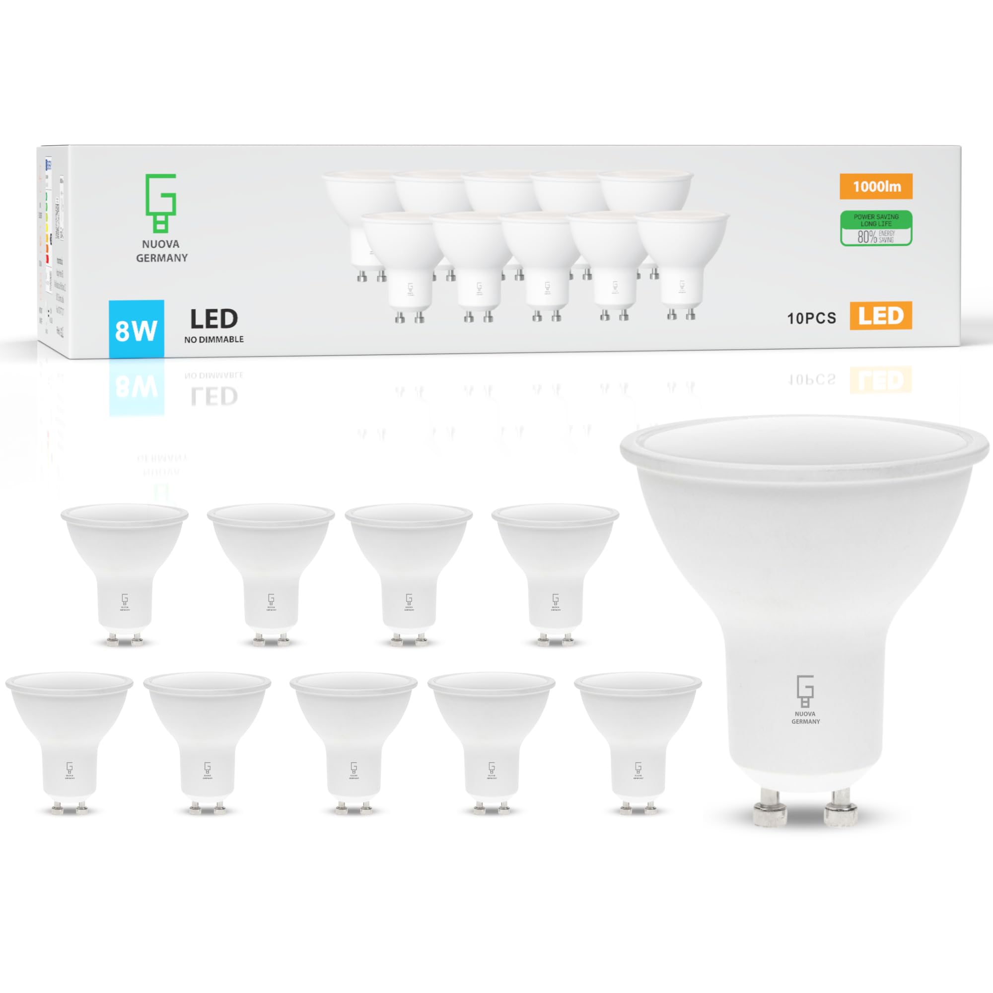 NUOVA GERMANY GU10 LED Light Bulbs, 100W Halogen Equivalent, 980 Lumens Bulb Replacement for Recessed Track Lighting, 8W Low consumption 120° Beam angle 110V AC Non Dimmable,10 Pack (3000K Warm Light)