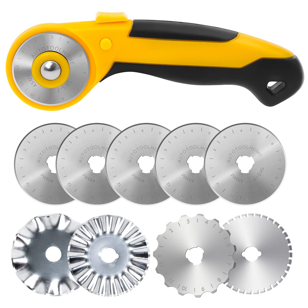 AUTOTOOLHOME 45mm Rotary Cutter with 9pcs Extra Blades Automatic Fabric Roller Cutter Perforator Crochet Edge Pinking Rotary Blades for Quilting, Sewing, Crafting