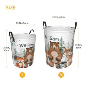 Woodland Animals Personalized Laundry Basket Name Clothes Hamper with Handles Waterproof Laundry Storage Baskets for Bedroom Bathroom Decor.