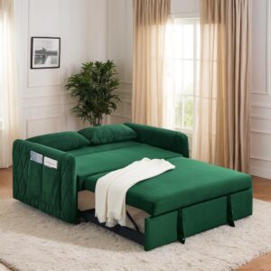 Mofolit Convertible Loveseat Modern Sleeper Sofa Bed, 3-in-1 Adjustable Sleeper Sofa Couch w/Pull-Out Bed, Pillows & Side Pocket & Velvet for Living Room,Apartment,Small Space 55.5“ (Green)