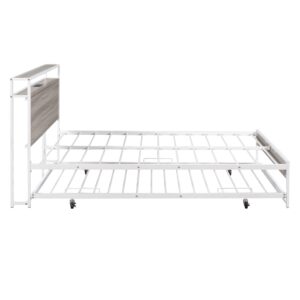 Harper & Bright Designs Full Platform Bed with Trundle and USB Ports, Metal Full Bed Frame with Storage Headboard and Steel Slat Support, for Bedroom and Guest Room (Full Size, White)