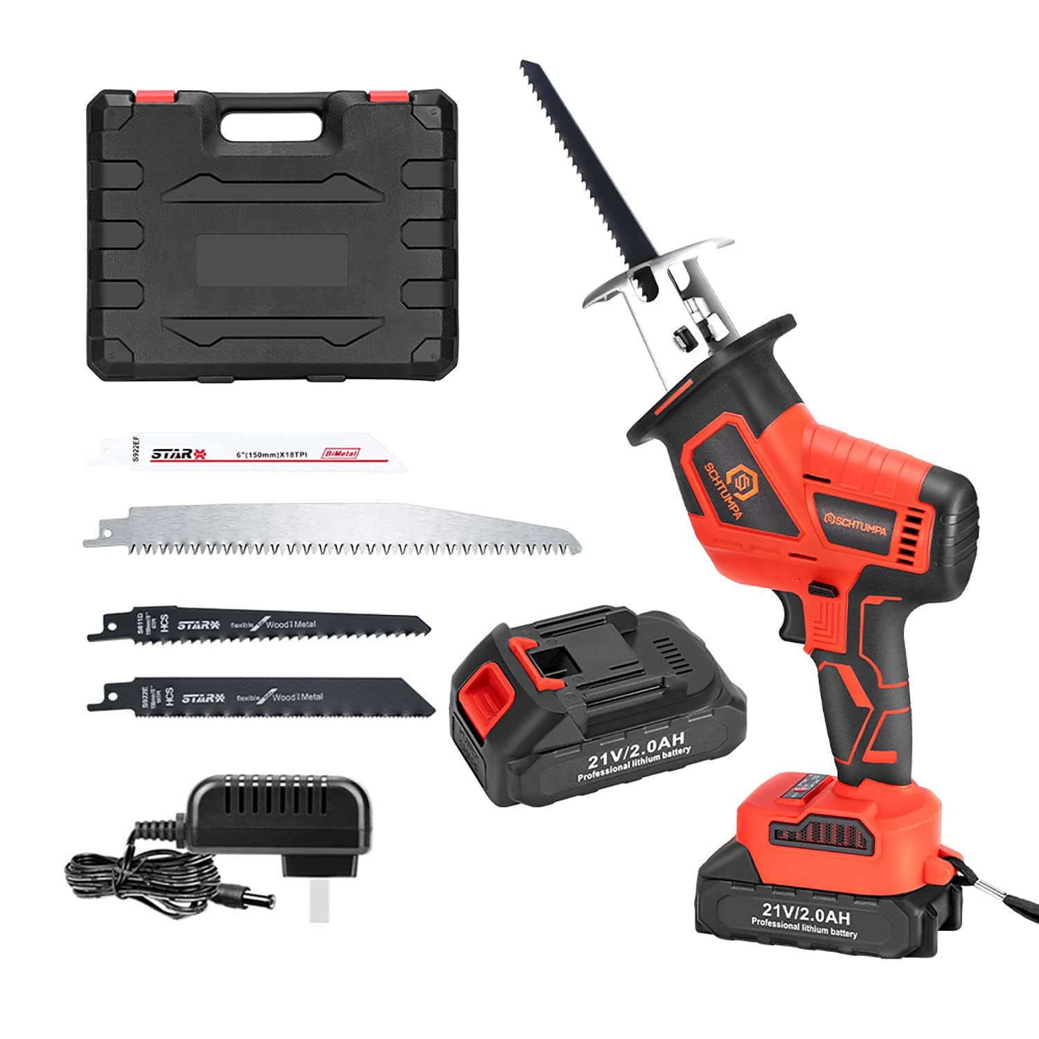 21V Cordless Reciprocating Saw (Brushless Motor),2-Speed mode Reciprocating Saw with 2Ah Battery and Charger for Wood/Metal/PVC Cuting（Compatible with Makita Battery）