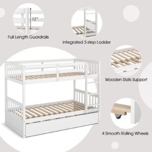 Giantex Twin Over Twin Bunk Bed with Trundle, Convertible Platform Bed Frame with Ladder & Solid Wood Frame, Space-Saving Bunk Bed for Teens & Adults, No Box Spring Needed, White